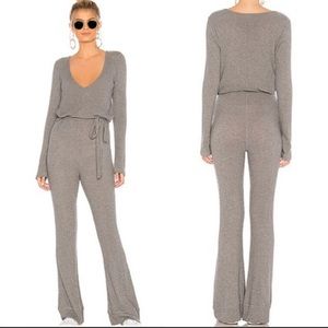 NEW Spiritual Gangster Cozy Jumpsuit Soft Ribbed Deep V Flare Leg Belted Onsie
